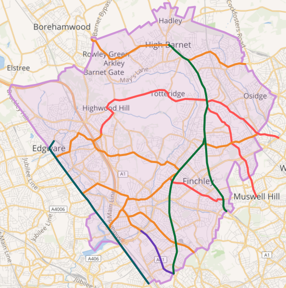 A map showing top priority cycle routes needed in Barnet